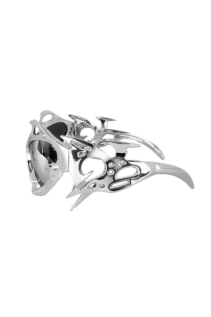 Chrome sculptural designer sunglasses with polarized lenses from Marlon Ferry couture atelier